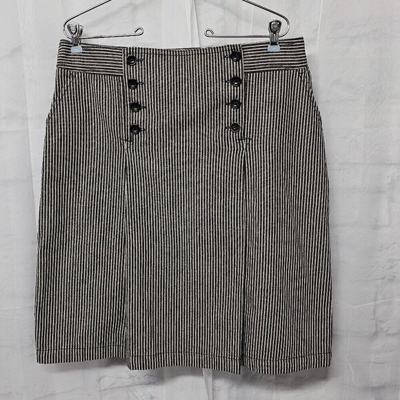 Westbound Black Tan Striped Sailor Button Railroad Nautical A-line Skirt 10 - Picture 1 of 11